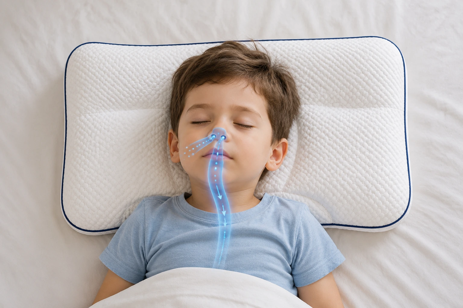 Top-down view of a boy breathing freely on the contoured toddler pillow